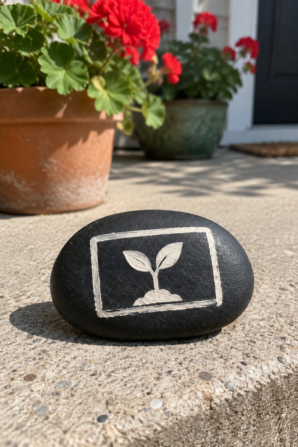 Black stone with white seedling design on concrete near red potted flowers