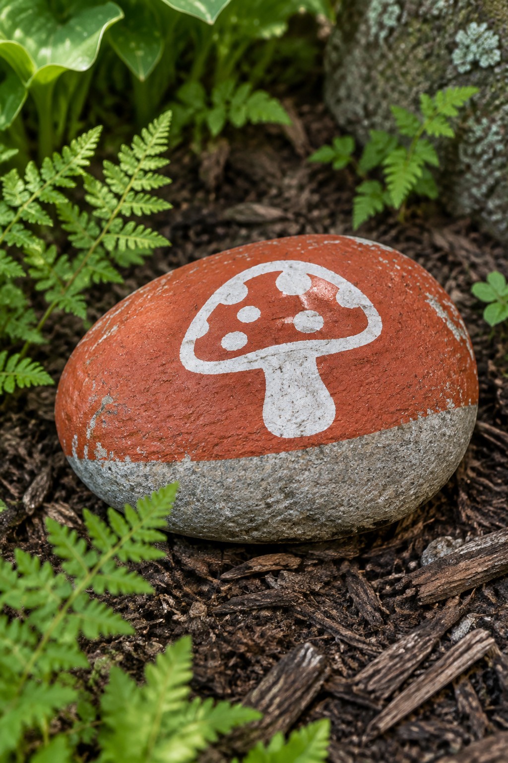 Red and gray painted rock with white mushroom amid garden ferns and mulch