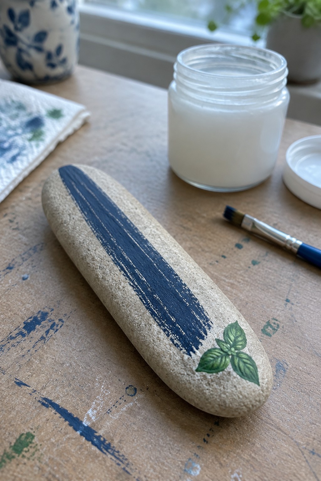 Oval stone with blue stripe and green basil leaves beside white paint jar and brush