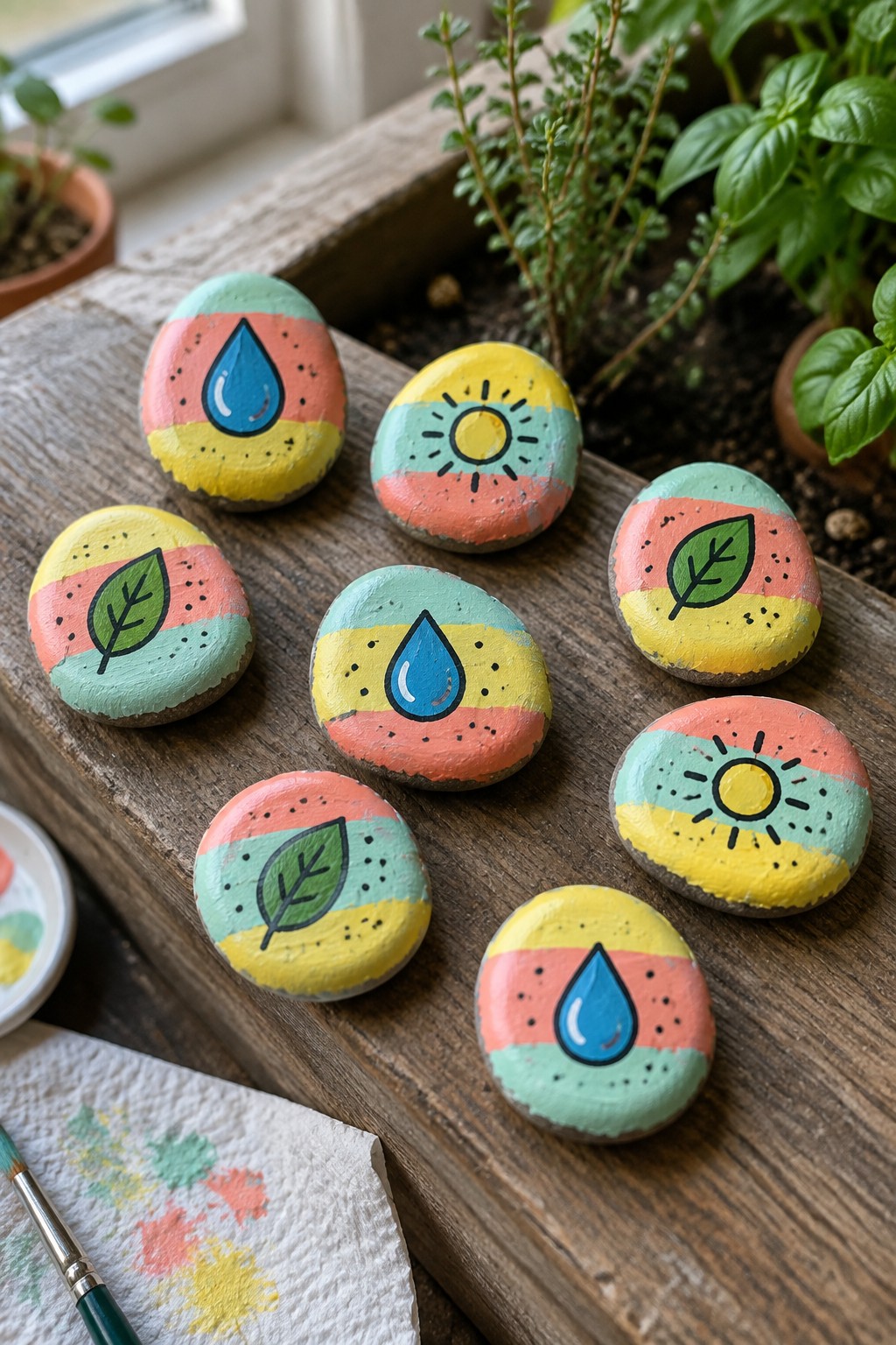 Painted rocks with pastel stripes, suns, leaves, and water drops on wooden table