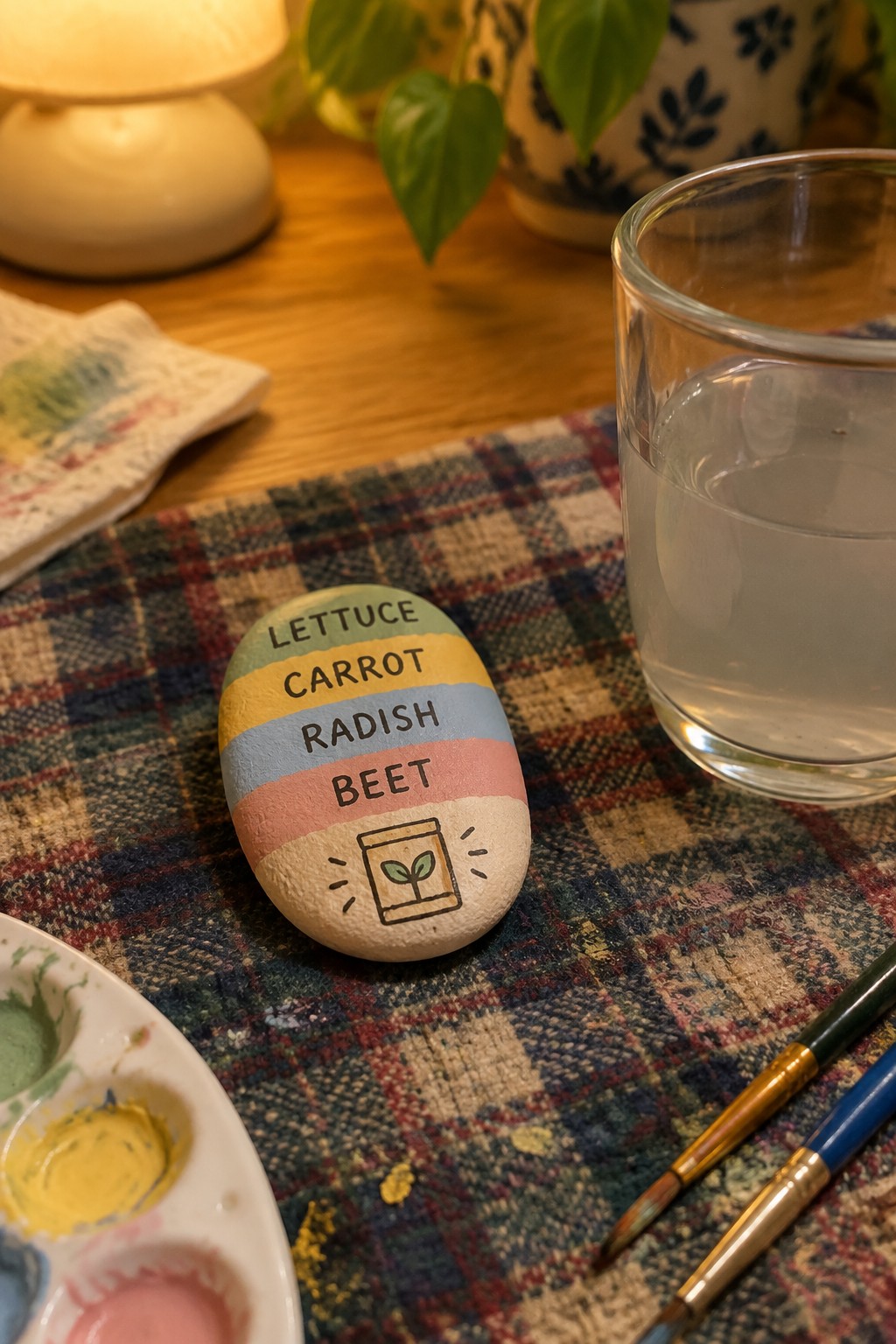 Painted rock listing lettuce carrot radish beet beside paintbrushes and water glass on plaid fabric