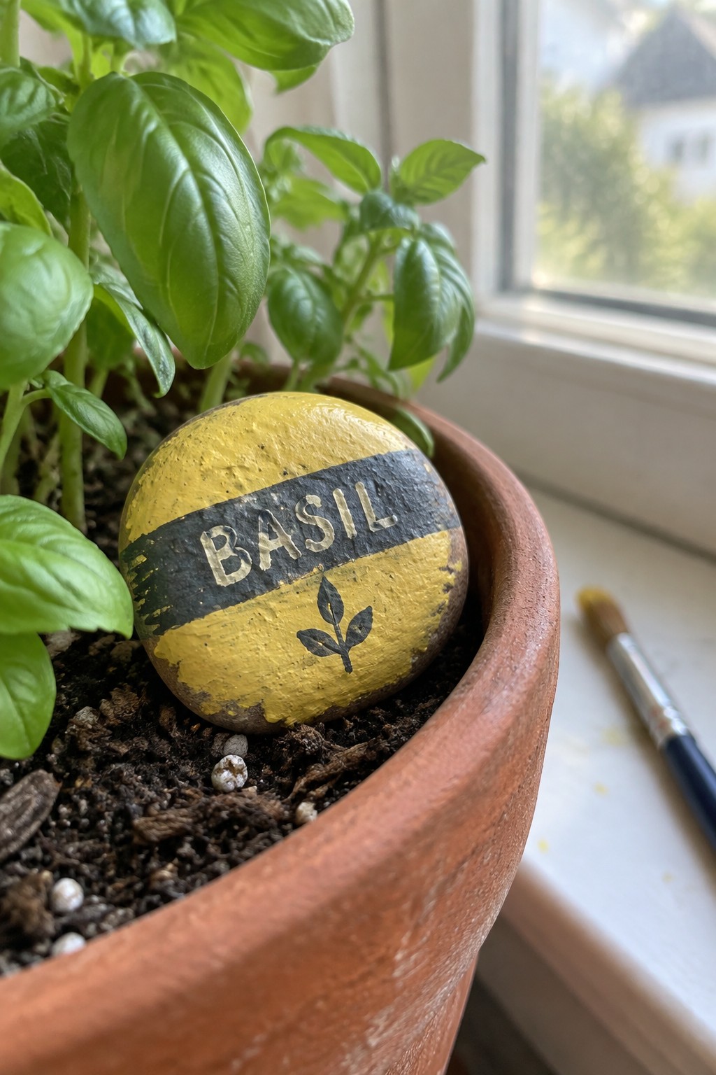 Yellow painted rock labeled BASIL in basil plant's terracotta pot beside paintbrush