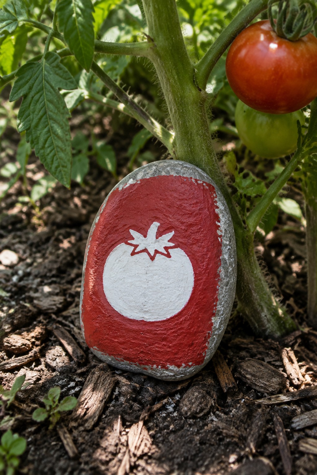 Painted rock with red background and white tomato design beside tomato plant