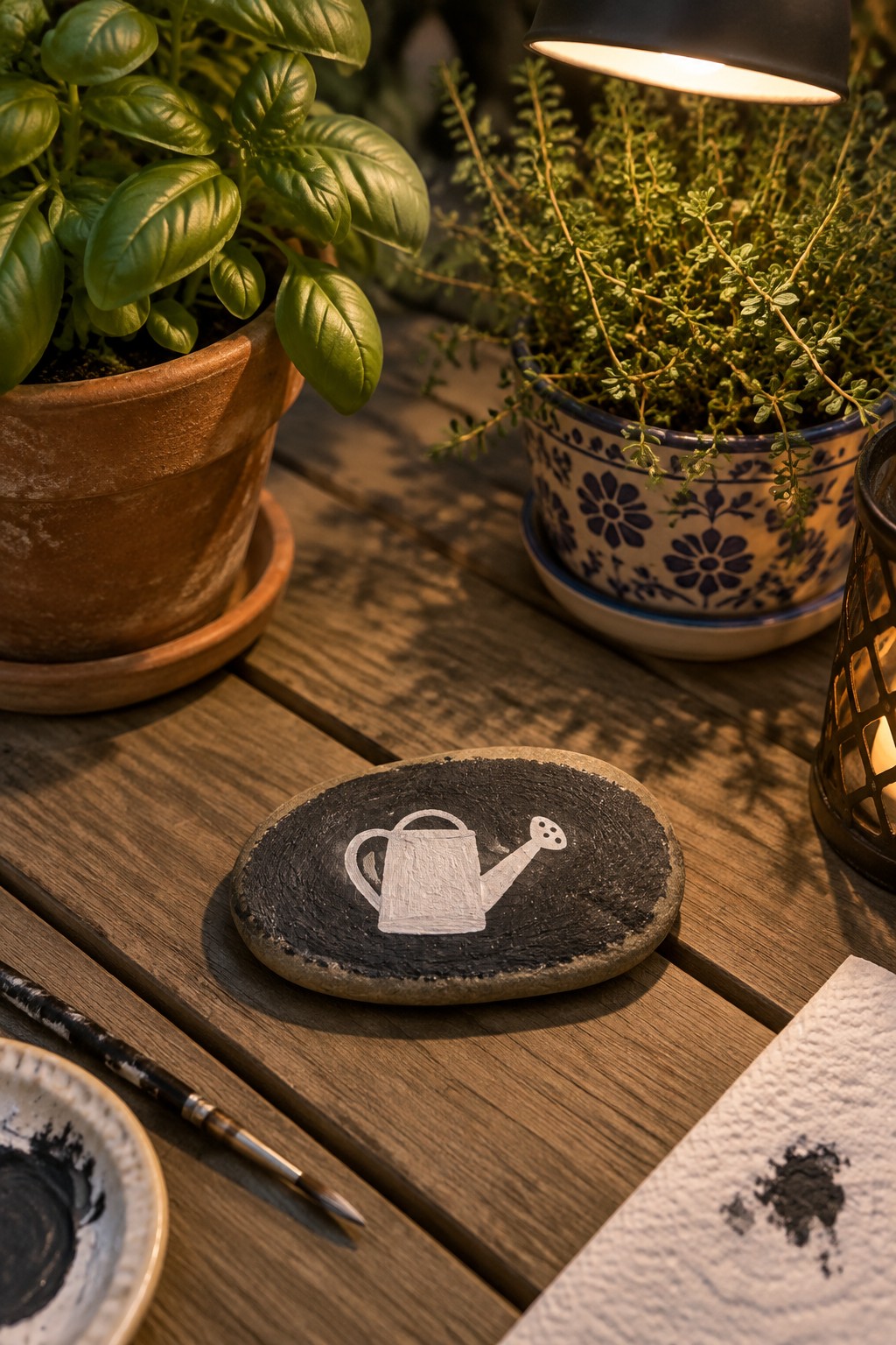 Painted stone with white watering can on wooden table beside herbs and paintbrush