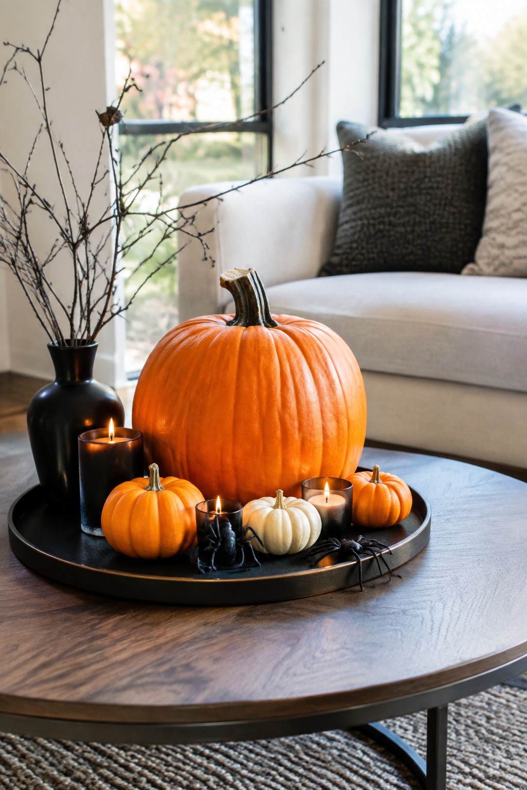 Coffee table tray holding a large orange pumpkin, several smaller pumpkins, lit candles, and black spider decorations in a living room setting.