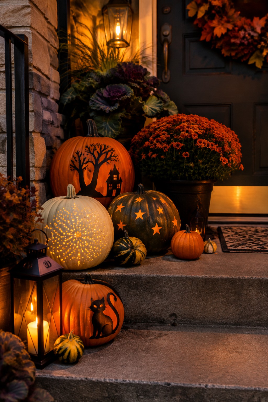 Halloween porch steps with glowing carved pumpkins, lanterns, and autumn flowers.