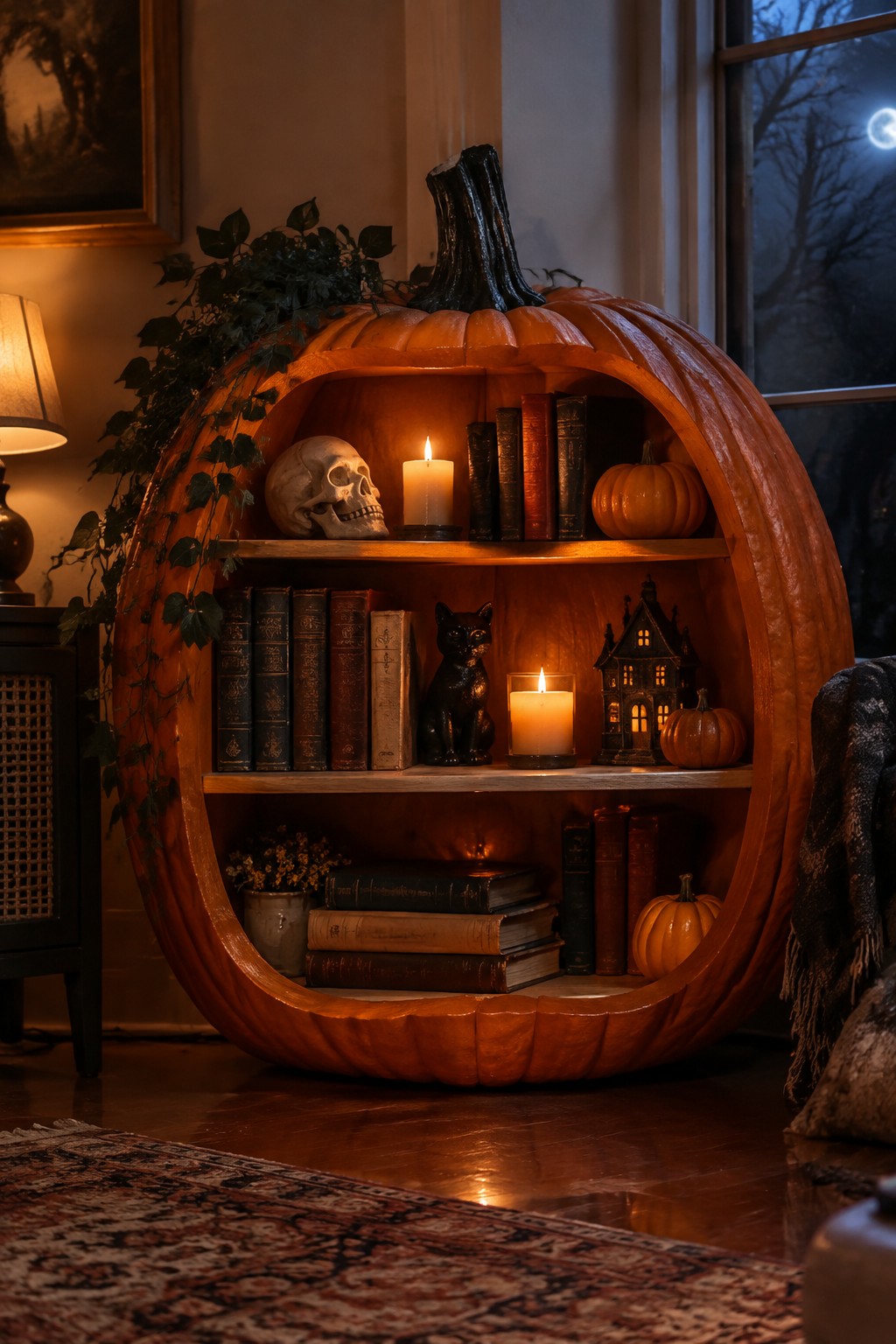 Large hollowed pumpkin used as a multi shelf display holding books, candles, a skull, and small figurines in a living room setting.