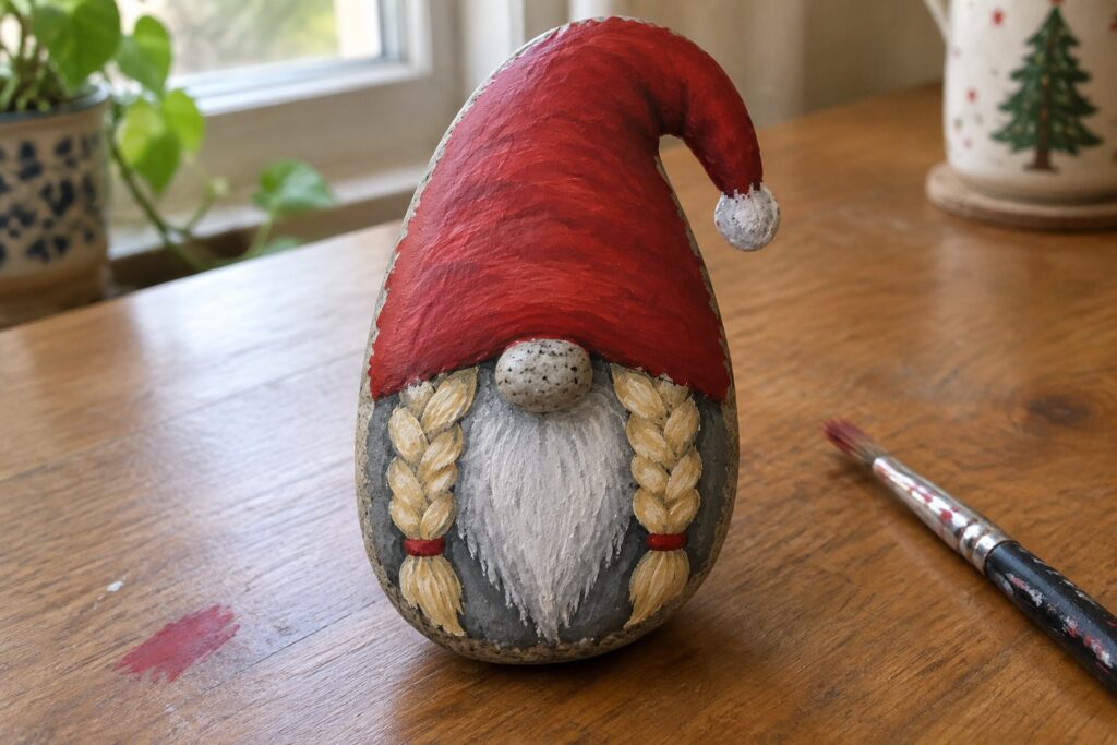 A painted rock gnome with a red hat, yellow braids, and small nose rests on a wooden table beside a paintbrush.