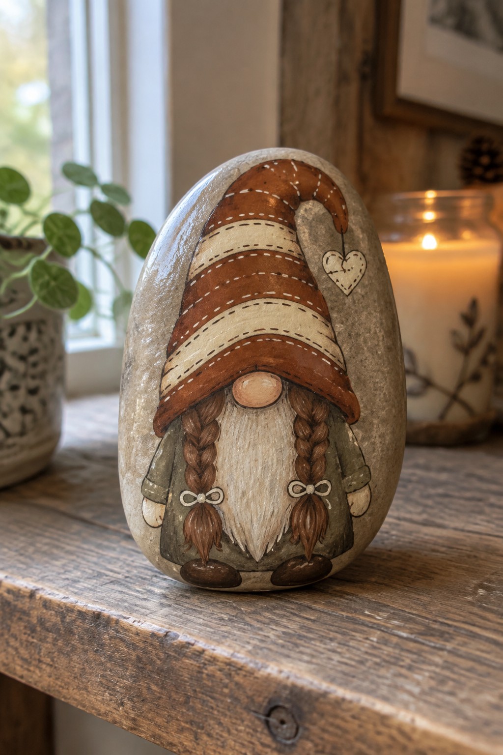 Painted rock gnome with striped hat, braids, beard on wooden shelf near candle