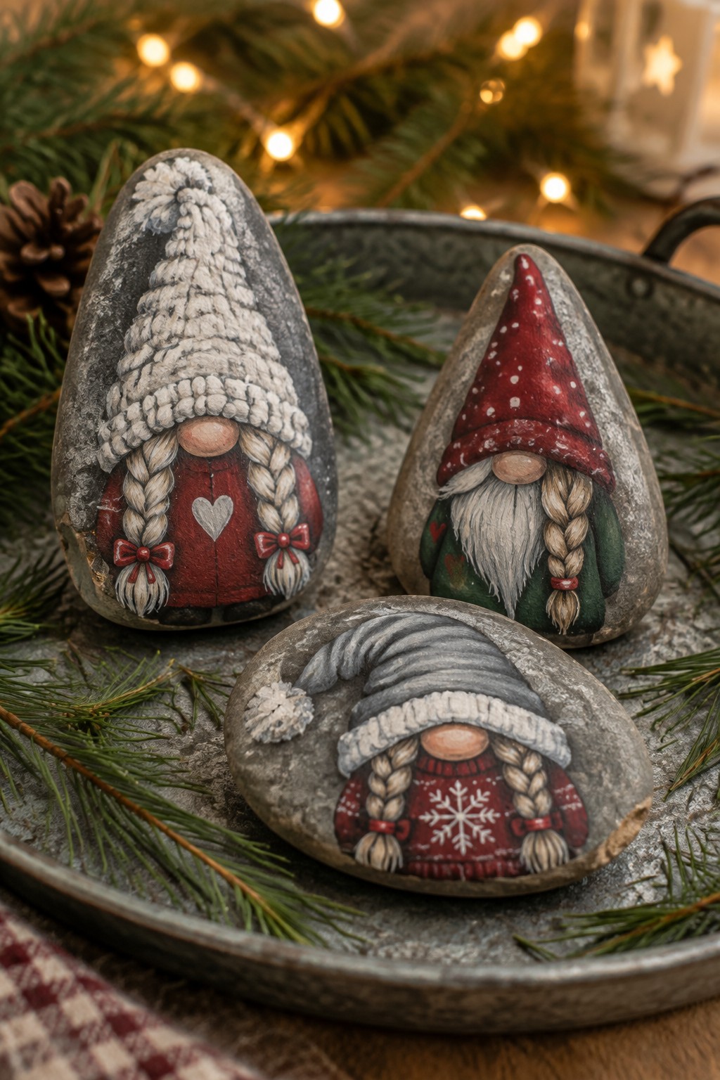Three painted gnome rocks in red, white, and gray hats on a metal tray.