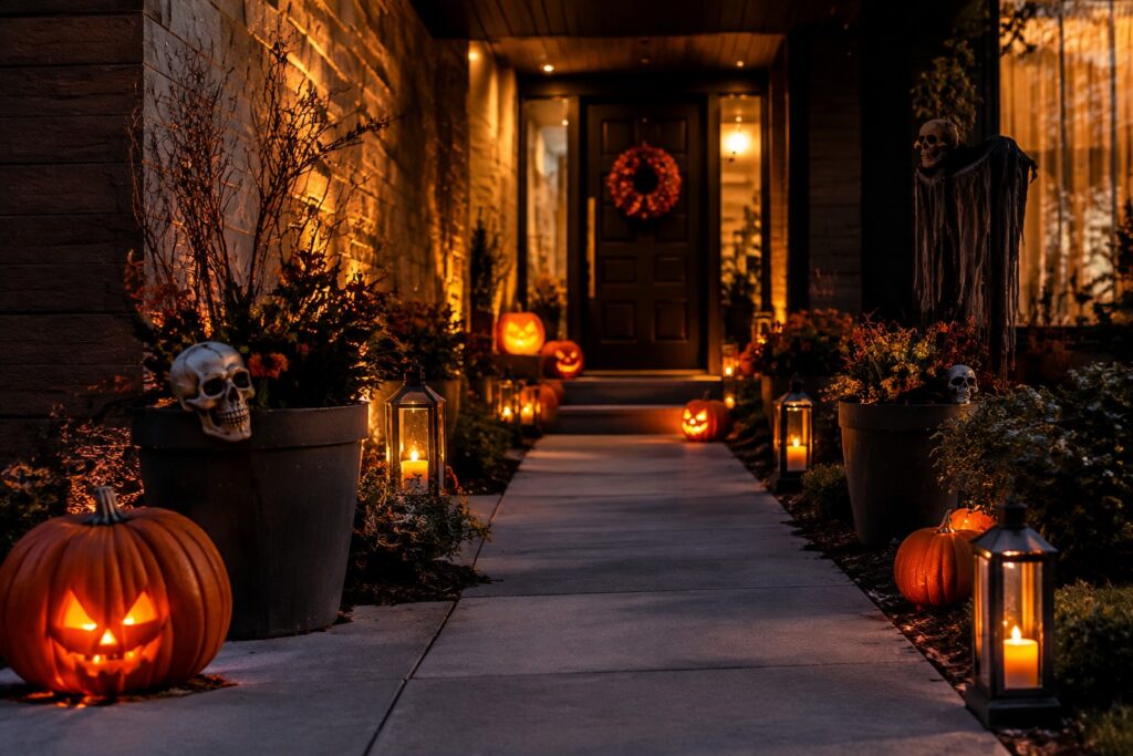 Halloween-decorated house entrance with glowing pumpkins, spiderwebs, and hooded figure at night