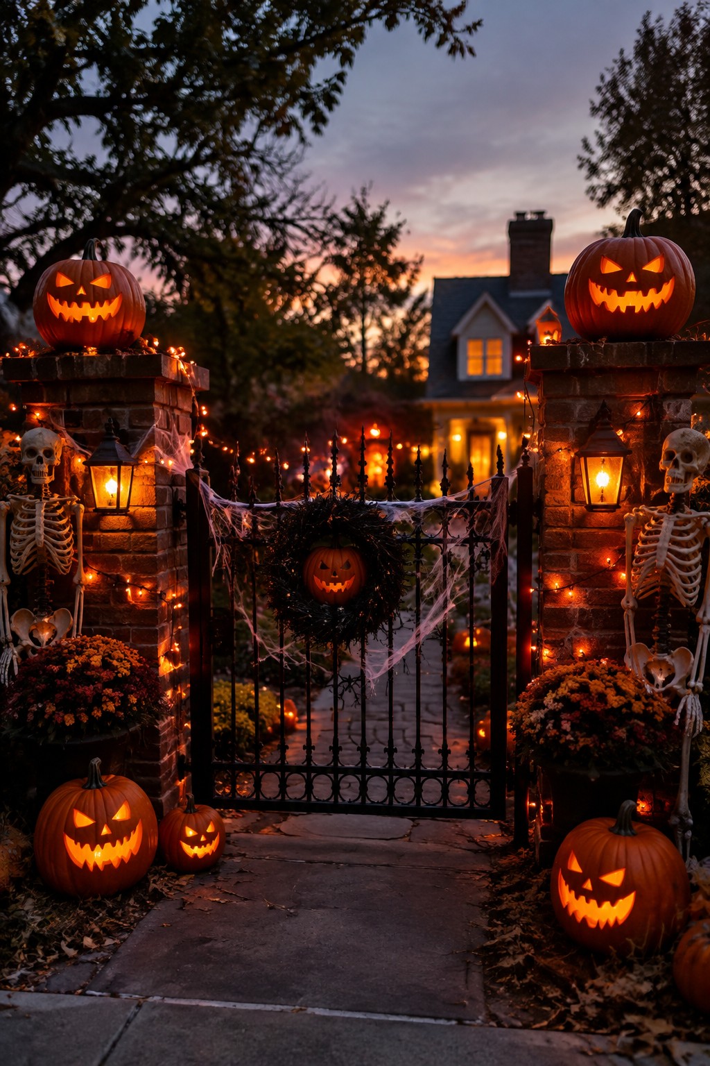 Twilight Halloween gate flanked by skeletons, glowing pumpkins, string lights, and autumn decor.