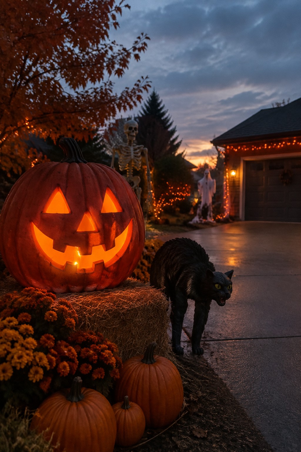 Glowing jack-o'-lantern on hay bale beside snarling black cat at dusk