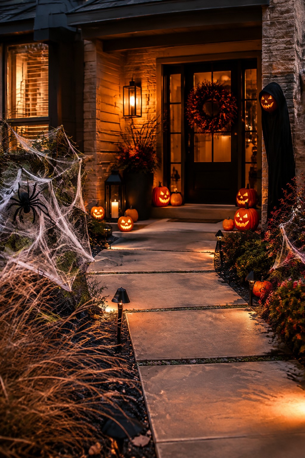 Halloween-decorated house entrance with glowing pumpkins, spiderwebs, and hooded figure at night