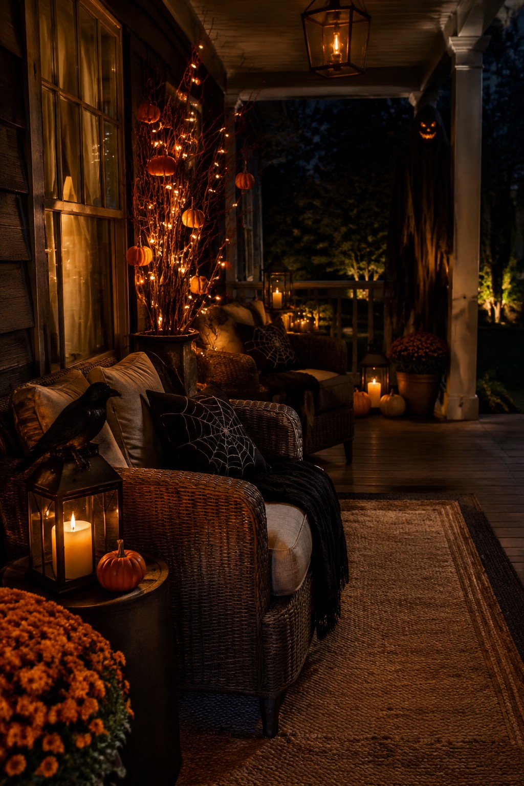 Front porch at night with a tall hanging ghost figure, a black crow on a lantern, spiderweb pillows on wicker chairs, and small pumpkins with string lights.