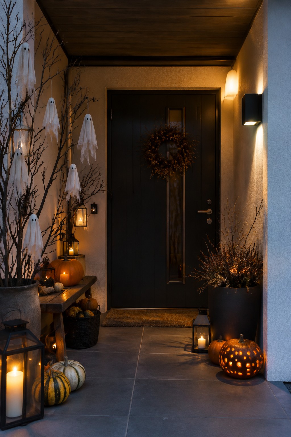 Front entry at night with multiple white hanging ghost figures on bare branches, pumpkins, and lanterns beside a dark front door.