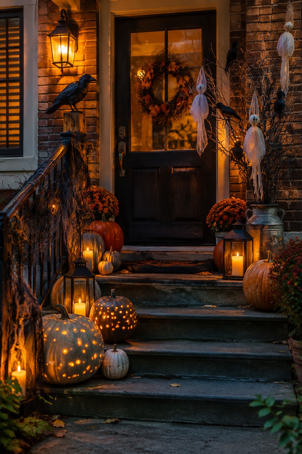 Front porch steps decorated with hanging white fabric ghosts on branches, black crows, carved glowing pumpkins, and lanterns around a dark front door.