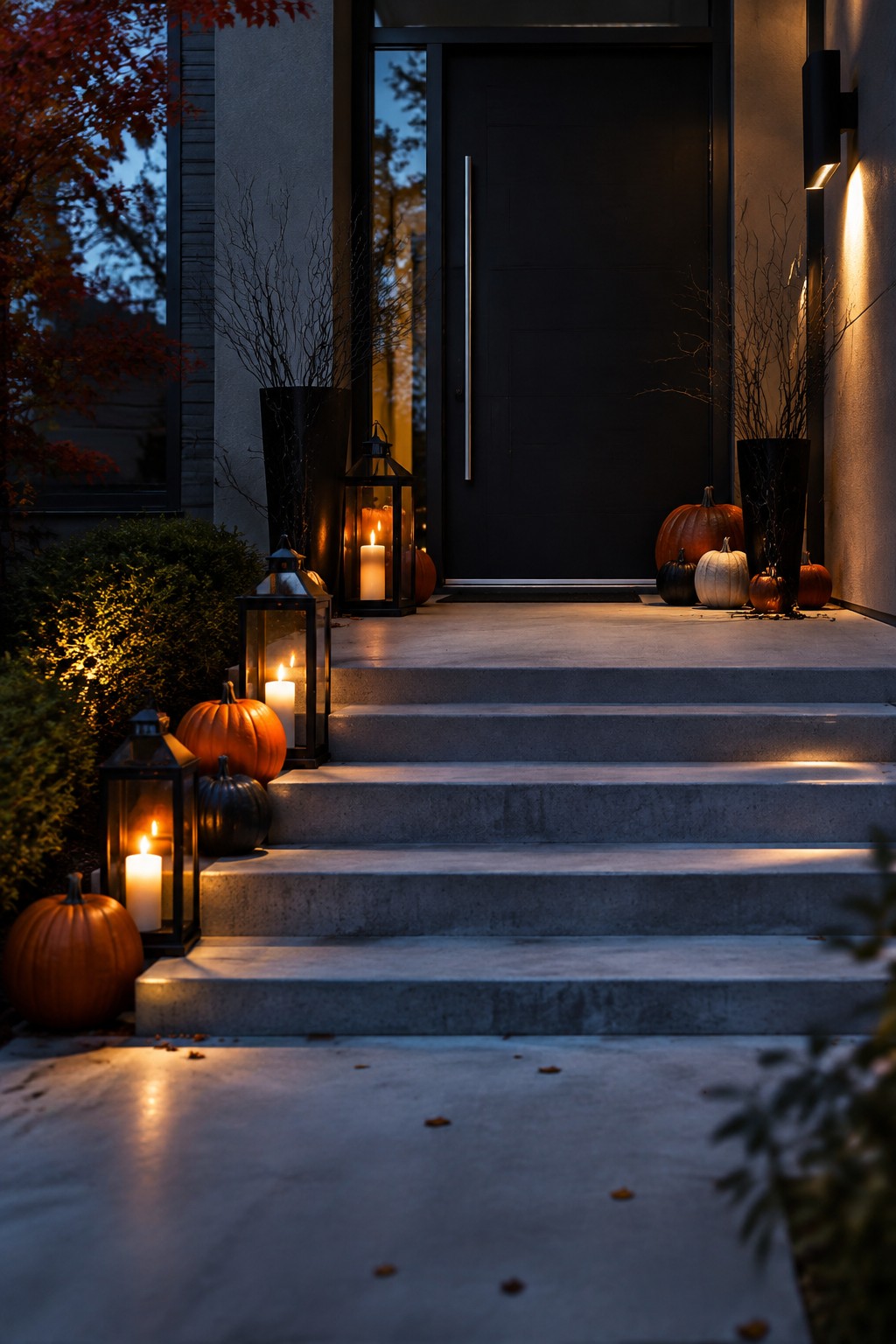 Concrete front steps lined with glowing lanterns and orange, black, and white pumpkins leading to a dark front door.