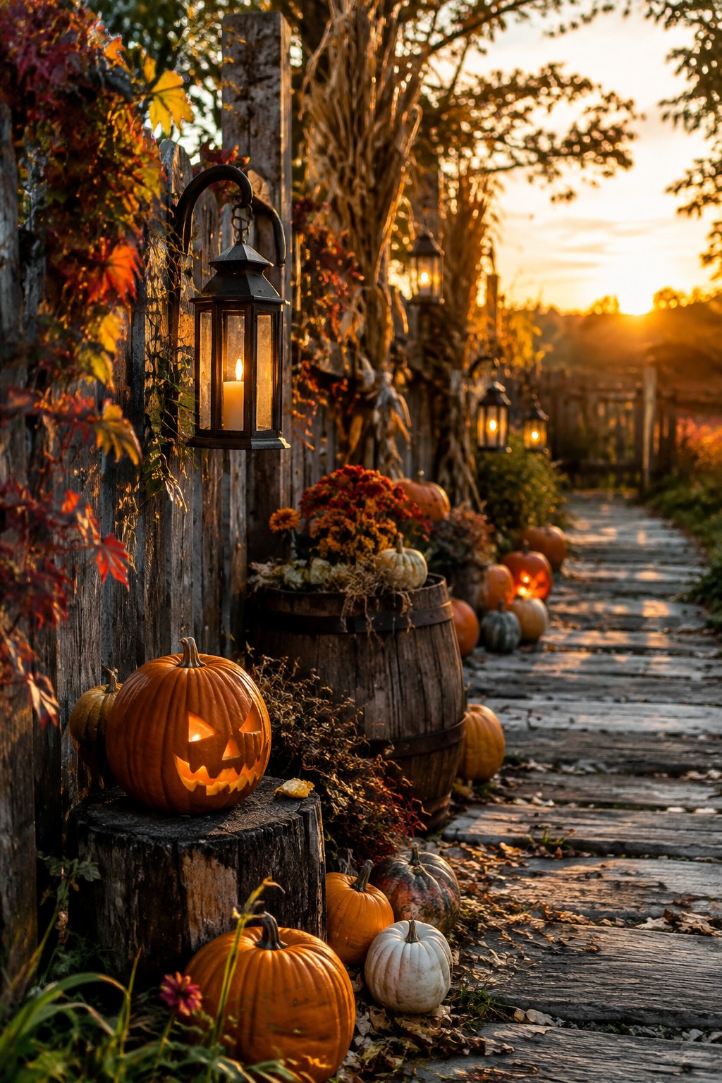 Glowing jack-o'-lanterns, pumpkins, and lanterns line a wooden fence at sunset.