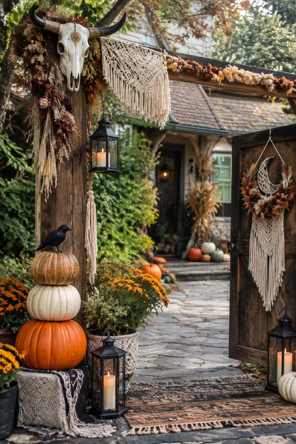 Outdoor wooden gate decorated with a mounted horned skull, macrame hangings, a crescent moon wreath, black lanterns, stacked pumpkins, and a crow for Halloween.
