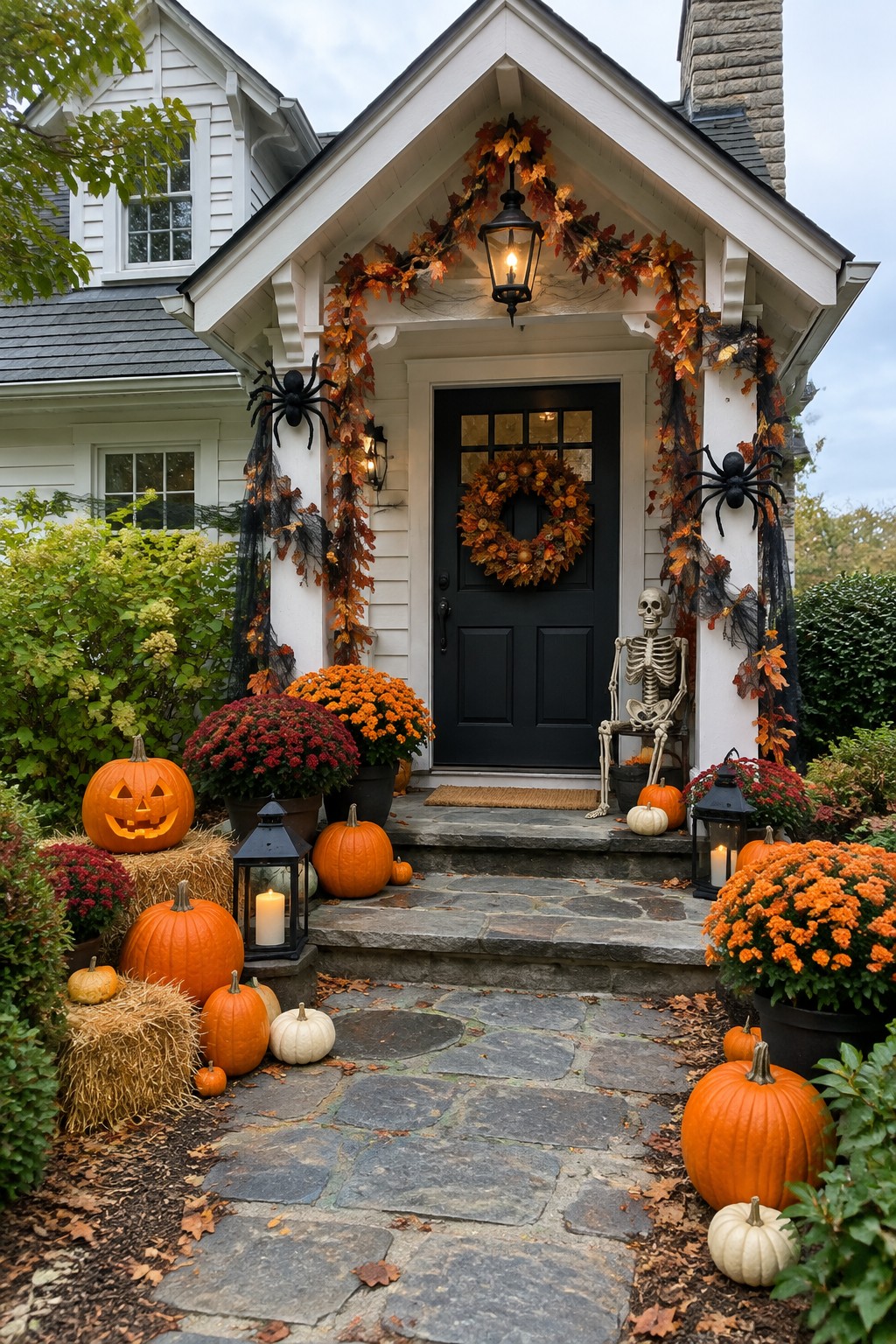 Front porch with a skeleton seated near a black door, large black spiders on the white columns, pumpkins on the steps, and autumn garland above the entrance.