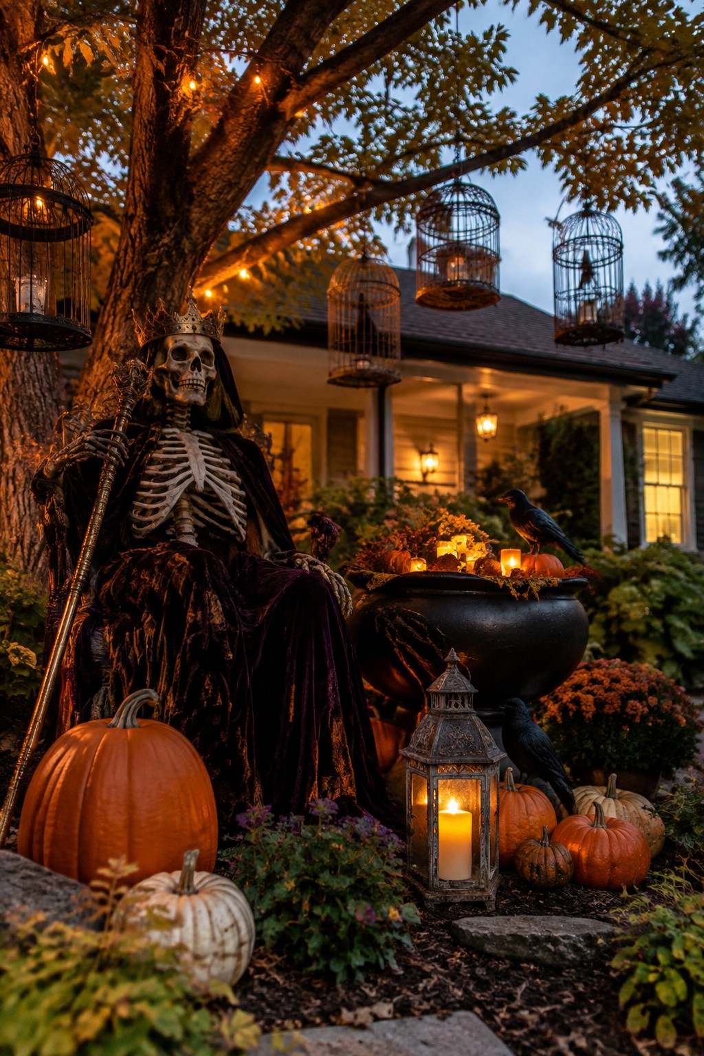 A large skeleton wearing a crown and dark robes sits under a tree holding a staff, surrounded by pumpkins, lanterns, and hanging birdcages in a front yard.