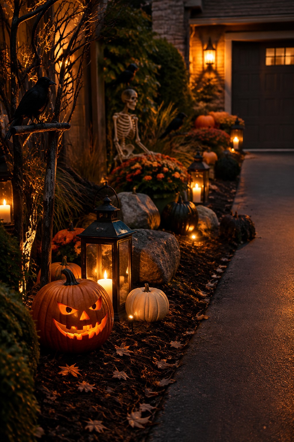 Outdoor walkway lined with a skeleton seated in the garden bed, black crows, carved jack-o'-lanterns, and glowing lanterns along the edge of a paved path.