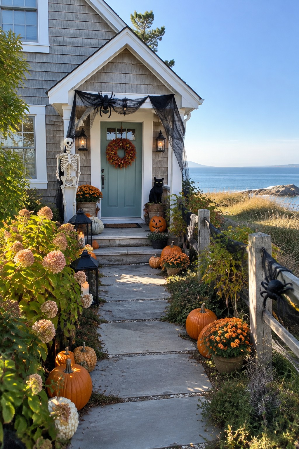 Stone walkway lined with pumpkins leads to a front porch with a standing skeleton, black cat, spiderwebs with large spiders, and jack o'lanterns.