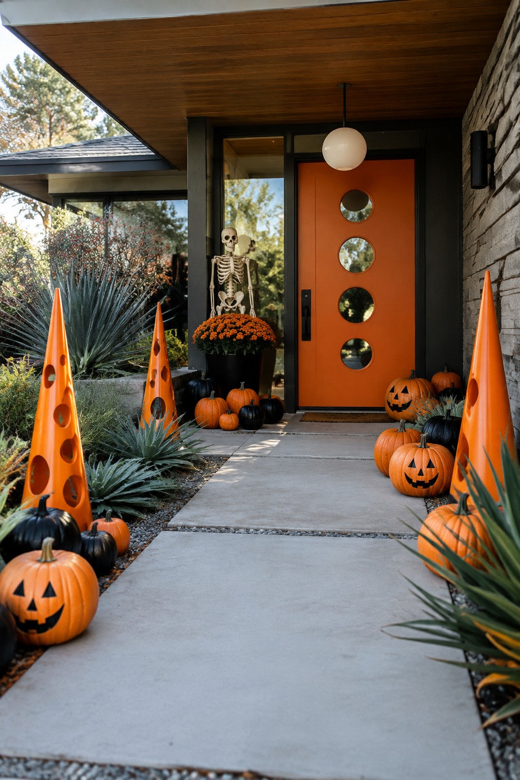 Front walkway with jack-o'-lanterns and orange cone decorations leading to an orange door with a skeleton figure standing in the entrance.