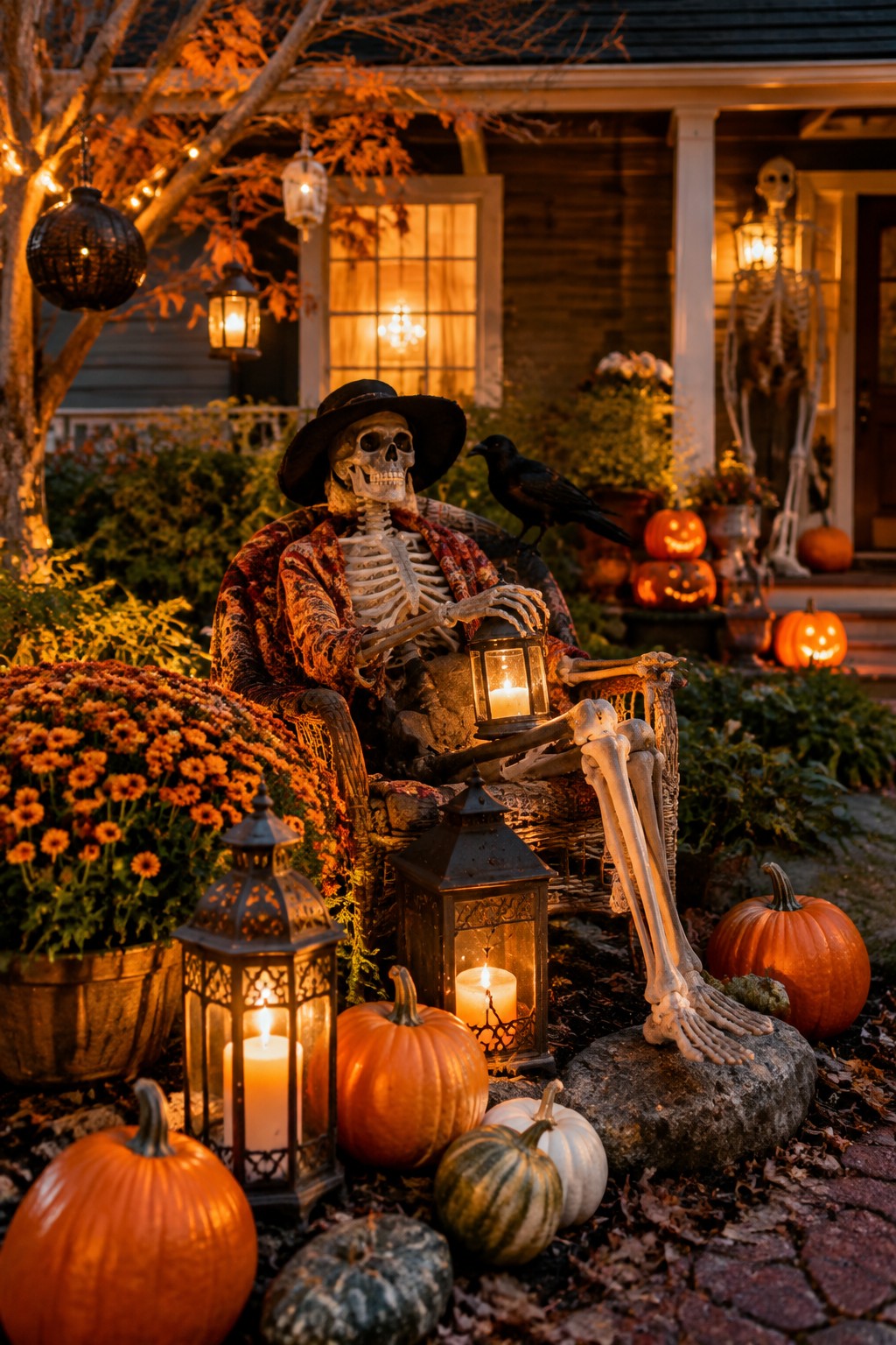 Skeleton dressed in a hat and robe seated in a wicker chair on a front porch while holding a lantern with a crow on its arm and pumpkins nearby.