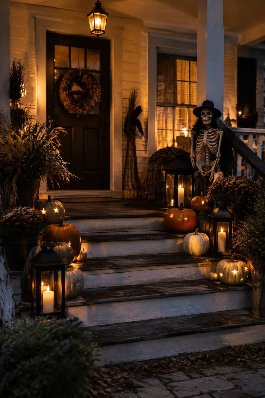 Front porch steps decorated with a skeleton in a cape and hat, surrounded by glowing jack-o'-lanterns and black lanterns.