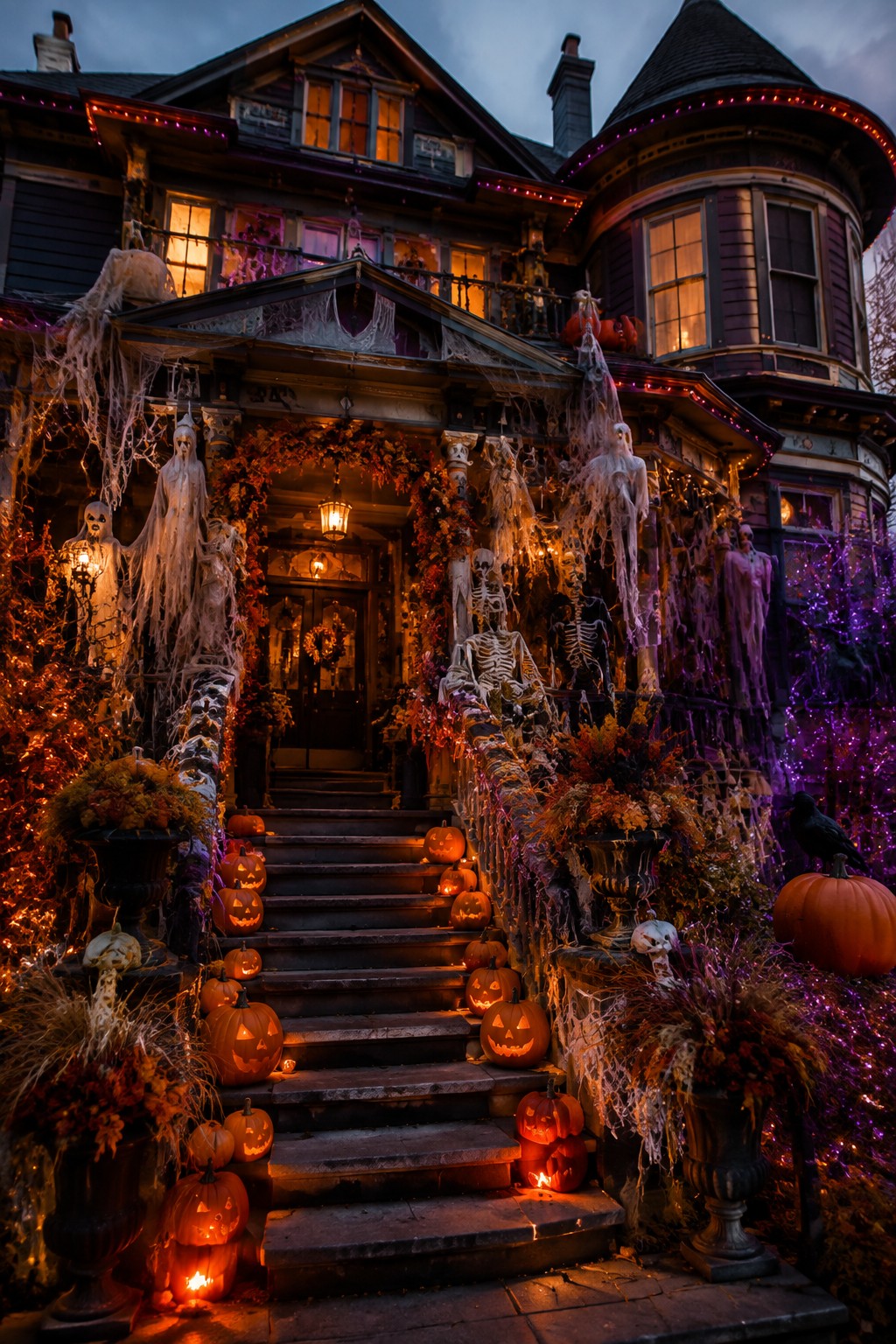 Front porch stairs lined with glowing jack-o'-lanterns, standing skeletons, and hanging white ghosts on a large house at dusk.