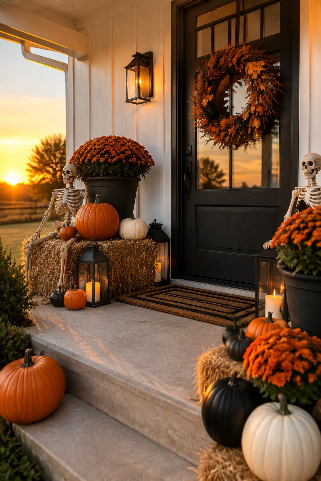 Front porch with two posed skeletons, orange and black pumpkins, hay bales, and lanterns arranged around a black front door.