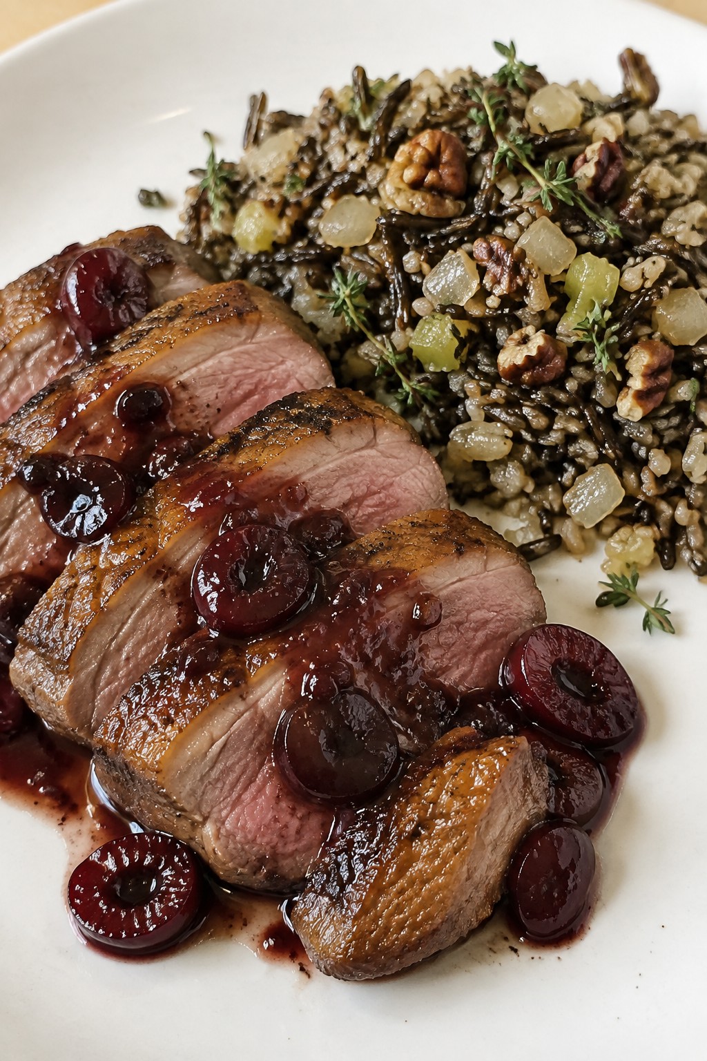 Duck Breast with Cherry-Port Sauce and Wild Rice Pilaf