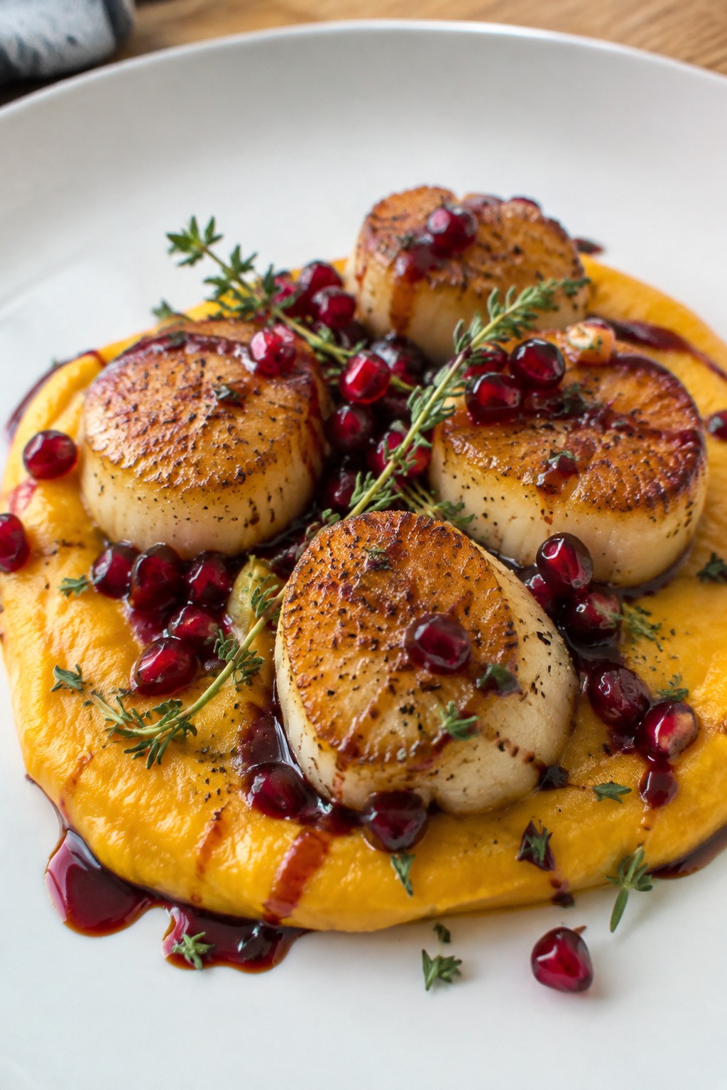 Seared Scallops over Butternut Purée with Pomegranate Reduction