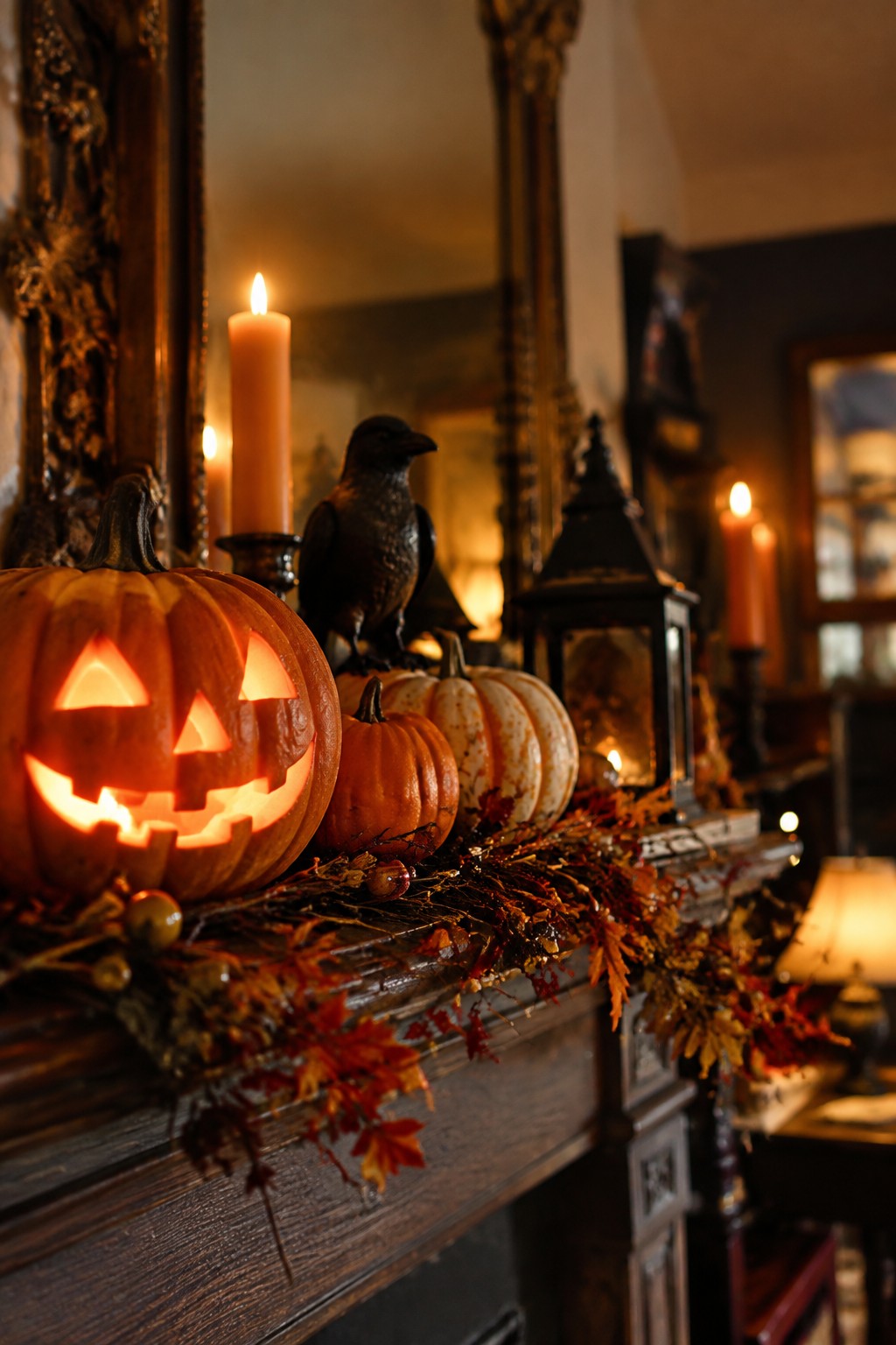 Fireplace mantel decorated with a carved jack o lantern, black crow figure, smaller pumpkins, and a dark lantern.