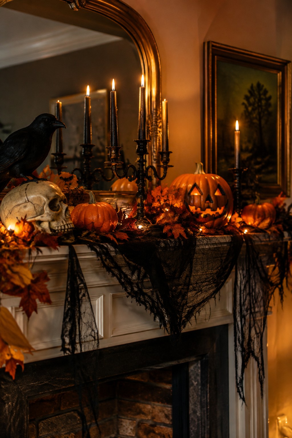 White fireplace mantel decorated with carved jack-o'-lanterns, a skull, a black crow, black spiderweb fabric, and lit black candles.