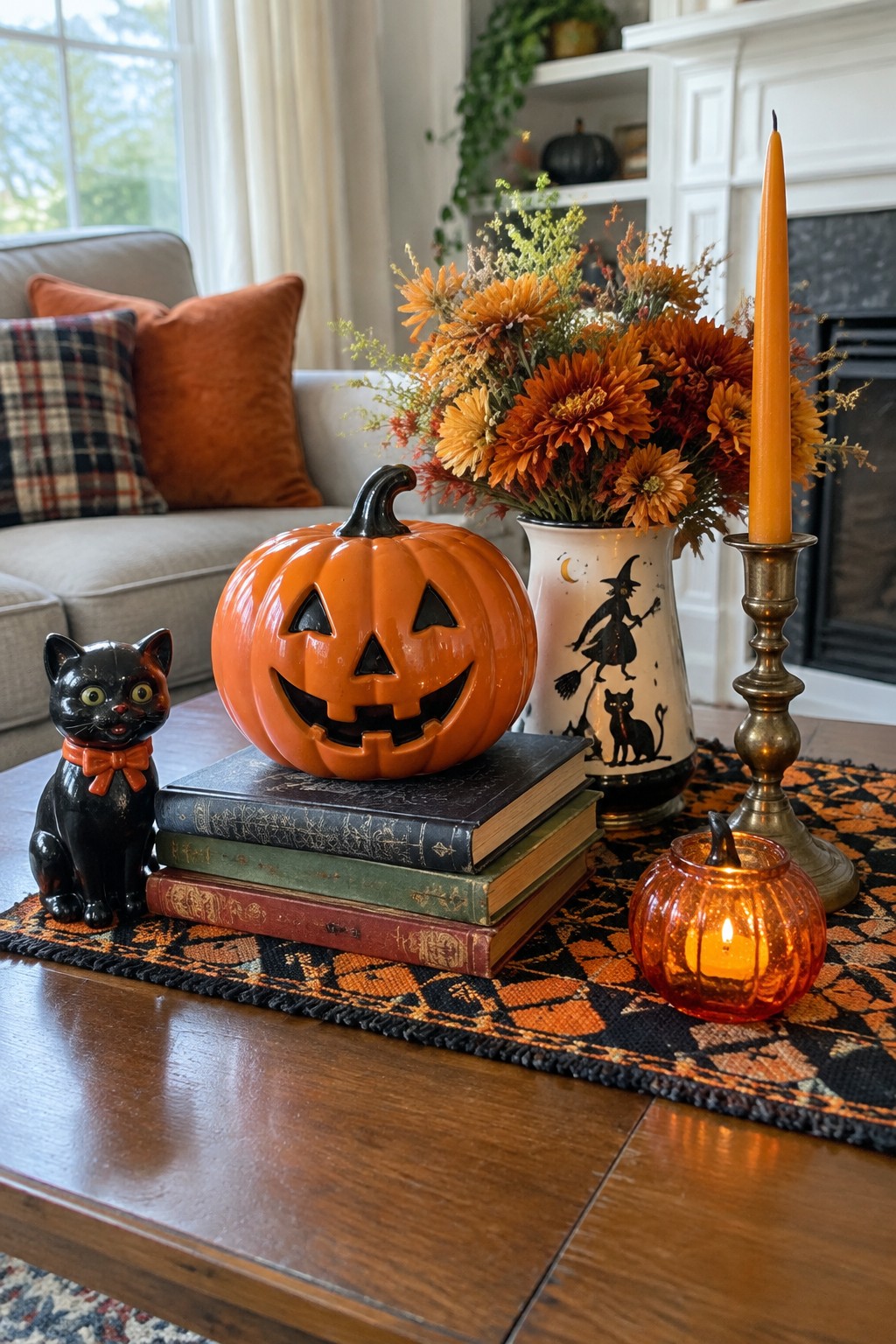 Coffee table vignette featuring a carved jack o lantern on stacked books, a black cat figurine with red bow, a small lit glass pumpkin, and a white vase with witch and cat silhouettes.