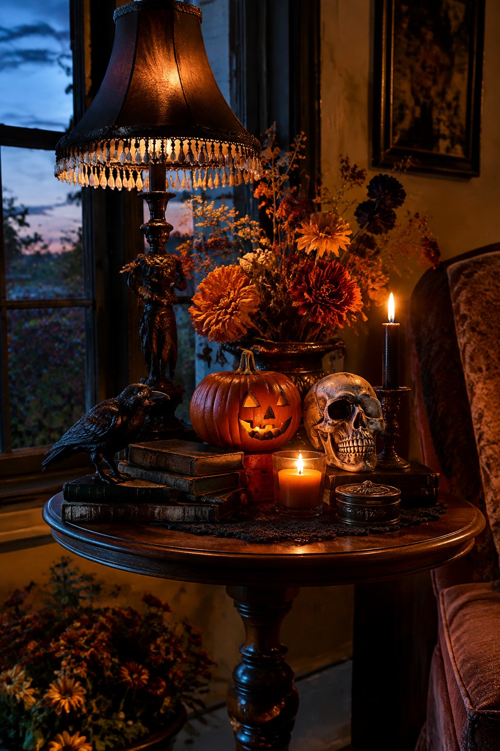 Round wooden table holding a carved jack-o'-lantern, human skull, black crow statue, stack of old books, and two lit candles with flowers in the background.