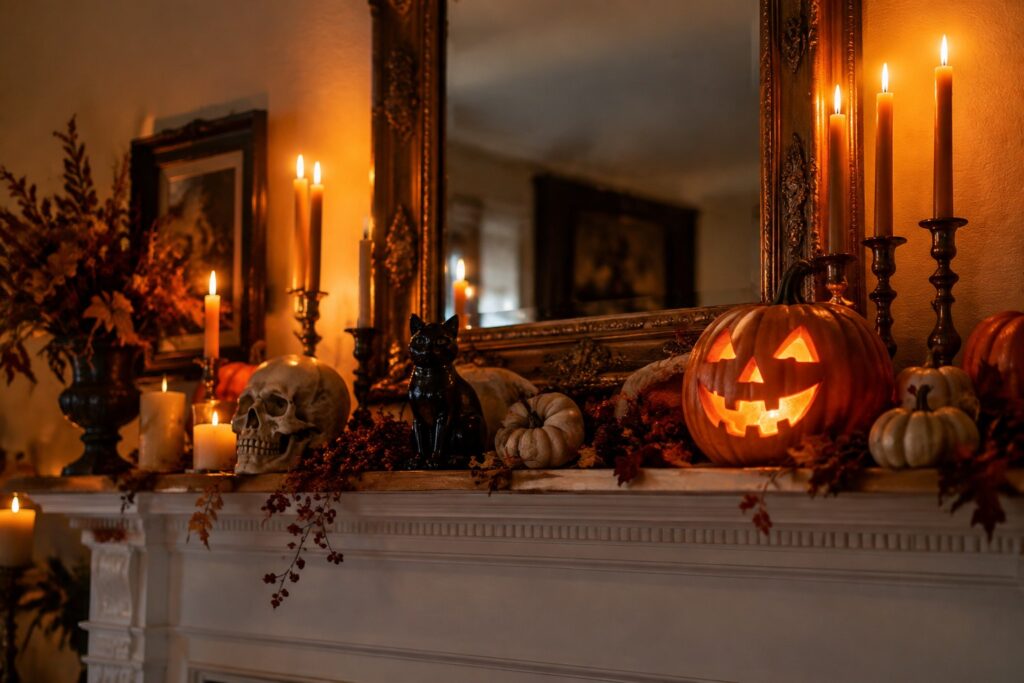 18 Nostalgic Halloween Decor Concepts That Bring Back Memories White fireplace mantel decorated with carved jack-o'-lanterns, a skull, a black crow, black spiderweb fabric, and lit black candles.