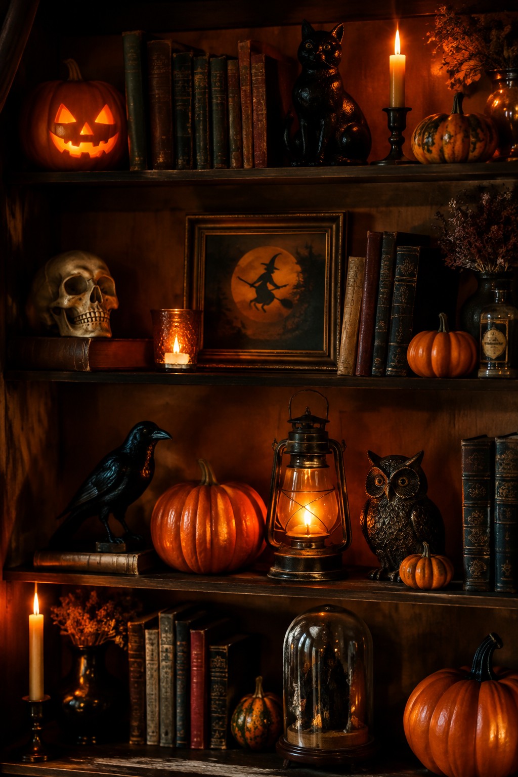 Wooden built-in shelves arranged with vintage-style Halloween decorations including carved pumpkins, a black cat figurine, a skull, a crow, an owl, books, and glowing lanterns.