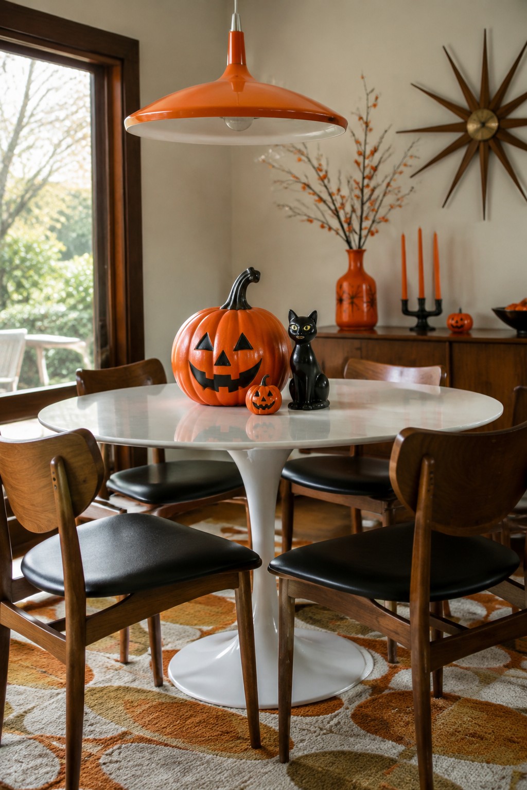 Orange pendant lamp over white round table with carved pumpkins and black cat figurine
