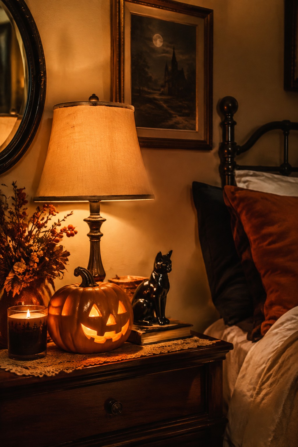 Cozy Halloween nightstand with glowing jack-o'-lantern, black cat figurine, candle, and lamp.