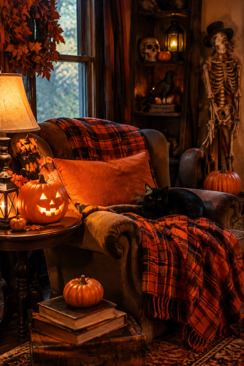 Cozy living room corner with a glowing carved jack-o'-lantern on a wooden side table, a black cat on an armchair, and a full skeleton figure standing nearby.