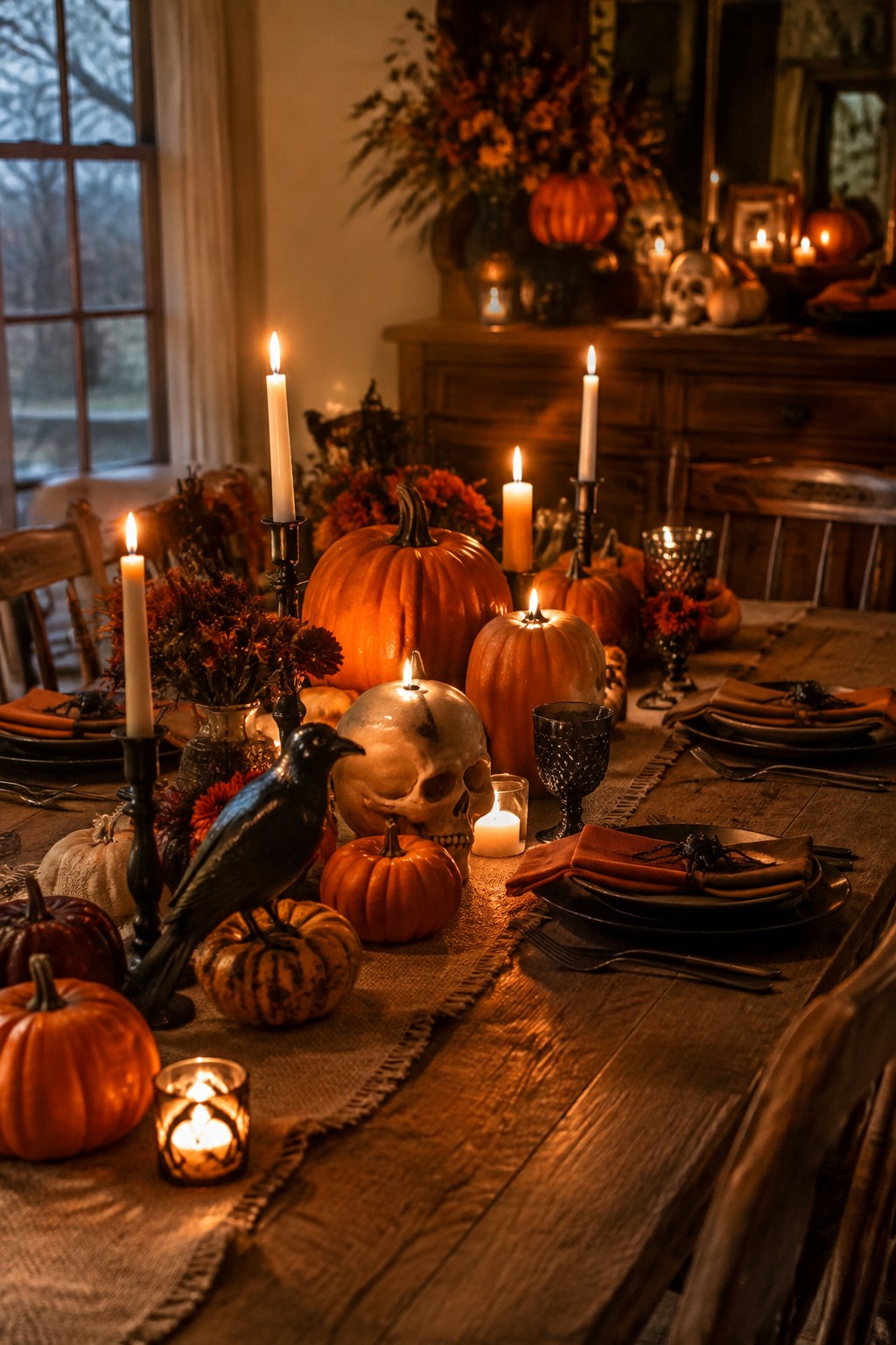 Dining table set with orange and white pumpkins, a human skull, a black crow figurine, lit candles, and dark plates on a burlap runner.