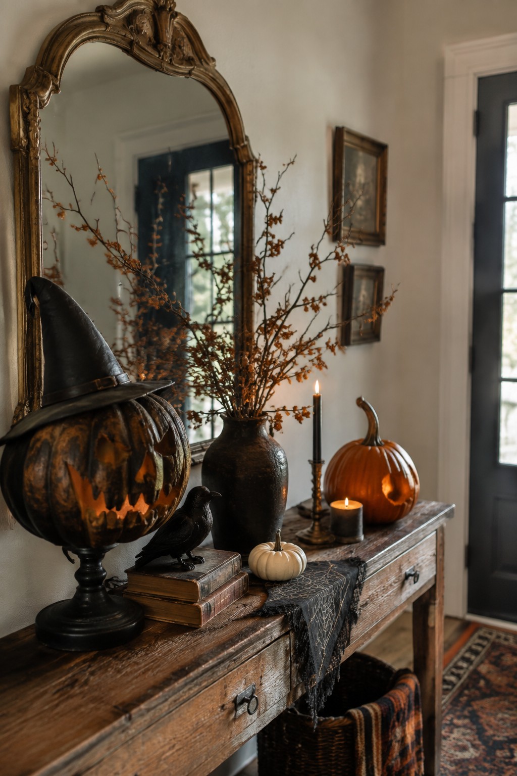 An entryway console table with glowing carved pumpkins, a witch hat, a black crow on stacked books, and black branches in a dark vase.