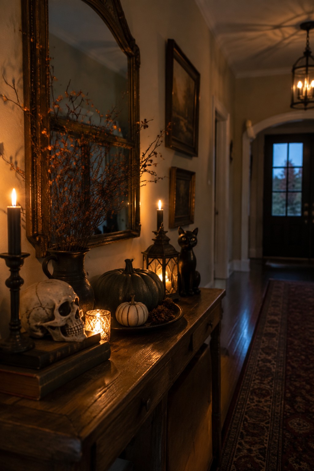 Entryway console table styled with a skull on old books, a black cat figurine, pumpkins, candles, and dried branches beneath a large mirror.