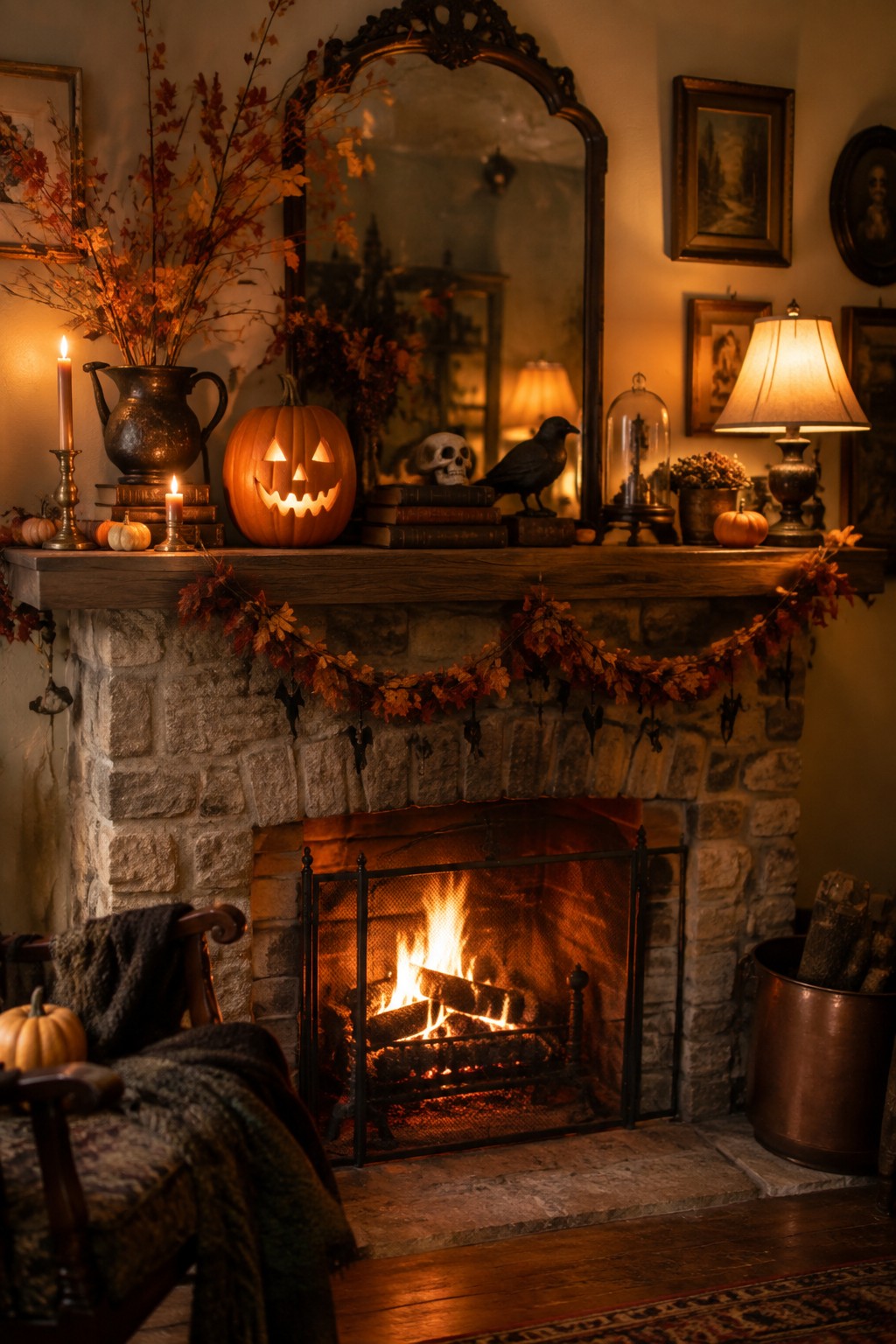 Stone fireplace mantel decorated with a glowing jack-o'-lantern, candles, books, a skull, a black bird, and a leaf garland with small bats.