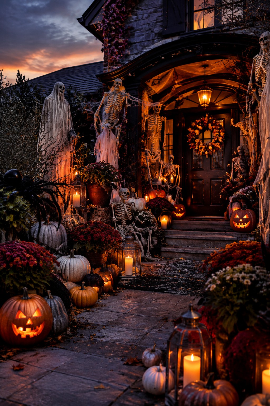 Twilight Halloween porch with skeletons, ghosts, glowing pumpkins, lanterns, and autumn flowers.