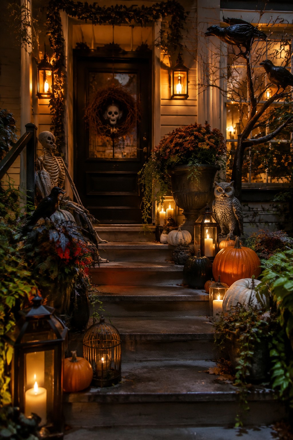 Front porch steps lined with orange, white, and dark pumpkins of varying sizes, along with lanterns and a skeleton decoration near the door.